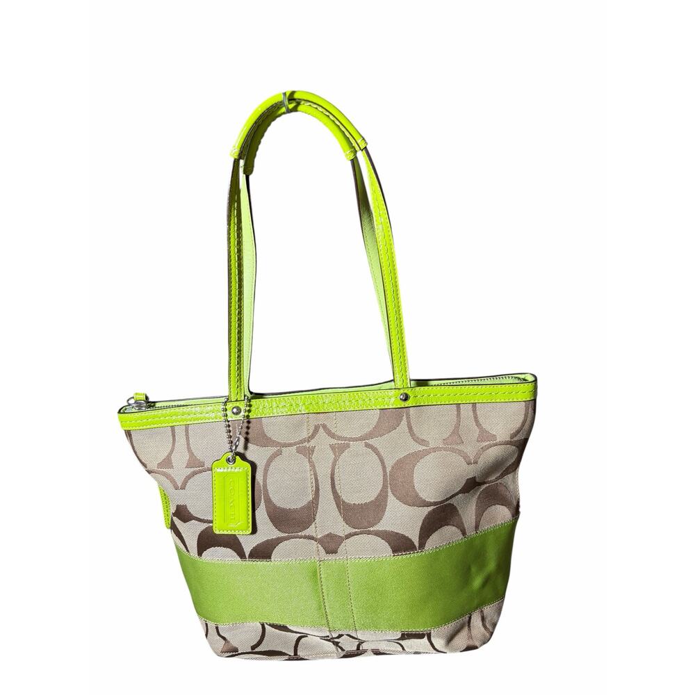 Coach Signature Stripe Tote Khaki Apple Green Lime Green Y2K F13674 EUC